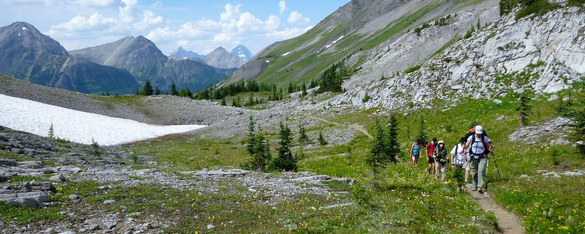 hikers approach on a trail with mountain vista behind