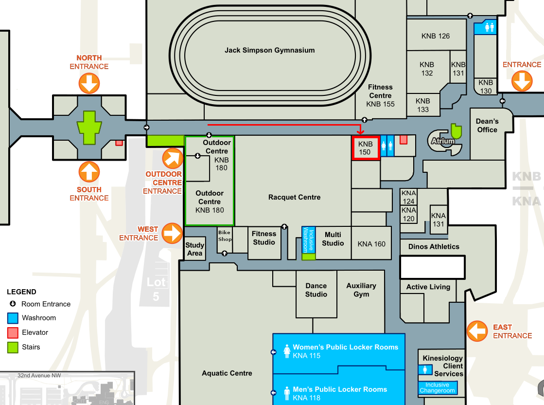 floorplan map of Kinesiology building showing route to classroom
