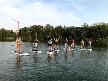 line of paddlers on boards