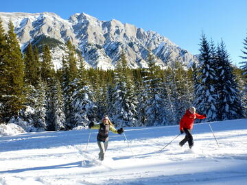 skiers in front of mountain