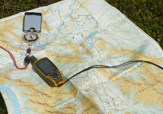 map, compass, and GPS